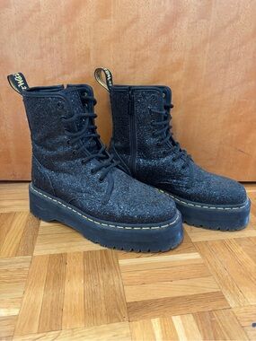 Dr. Martens Black Glitter Platform Lace-Up Ankle Boots